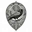 raven , nordic runes, lines around it, nordic themed tattoo design idea