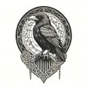 raven , nordic runes, lines around it, nordic themed tattoo design idea