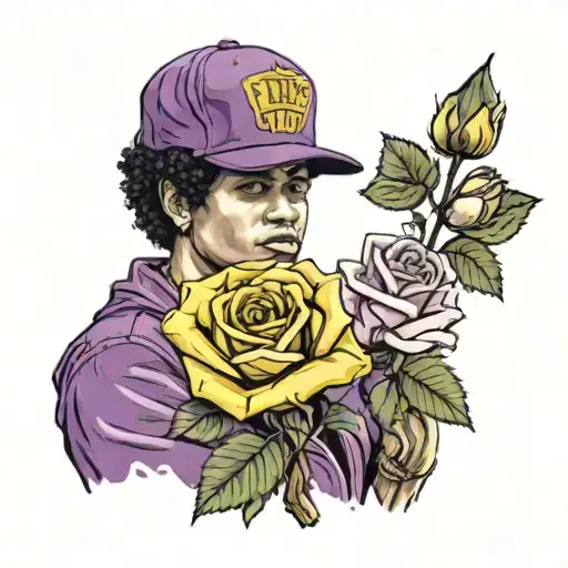 bruno mars wearing a purple baseball cap with a sun on it, holding a yellow rose tattoo design idea