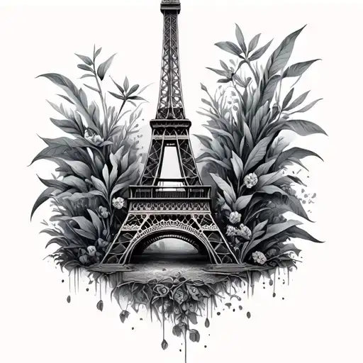 3d eiffel tower surrounded by plants growing tattoo design idea