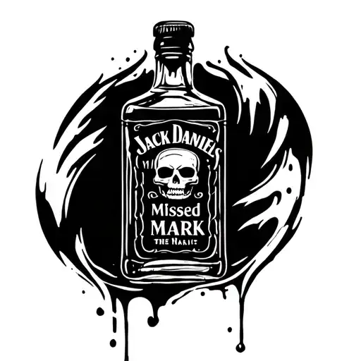 old liqour bottle similar to a jack daniels bottle with script that says "missed the mark" with a skull design on it tattoo design idea