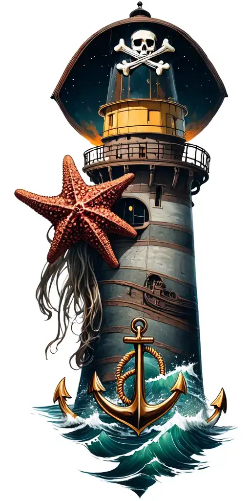 shoulder -pirate, elbow - sea star, forearm - lighthouse and anchor, osminog Overplain all tattoo design idea