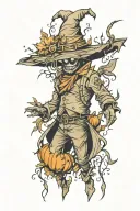 scarecrow surrounded by falling autumn tattoo design idea