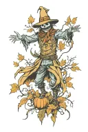 scarecrow surrounded by falling autumn tattoo design idea