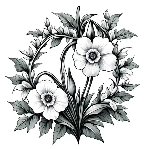 snowdrop, carnations, narcissus, and morning glory with vines and leaves to fill in  tattoo design idea