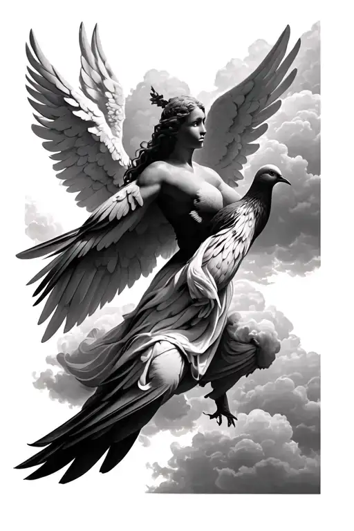 angel, pigeon clouds surrounding tattoo design idea