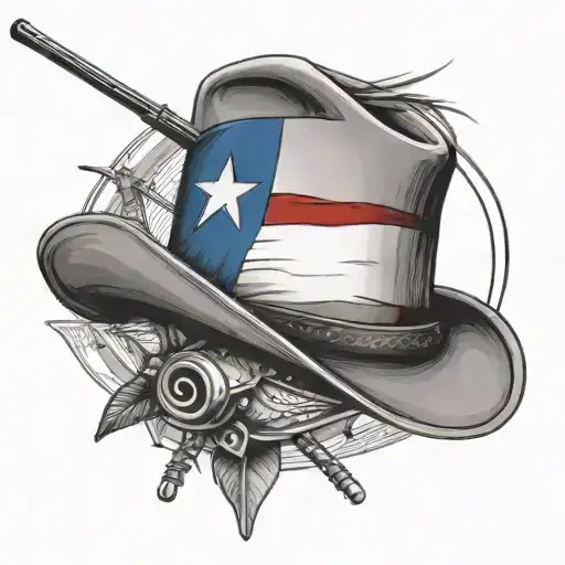 A black-grey tattoo of a Texas flag waving in the wind with a cowboy hat and a fishing rod in the foreground tattoo design idea