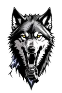 wolf showing teeth, guns, lightning tattoo design idea