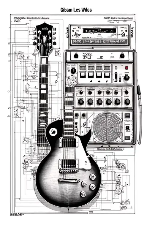 Gibson Les Paul blueprint with a Boss SD-1 schematic. fine line with shades tattoo design idea