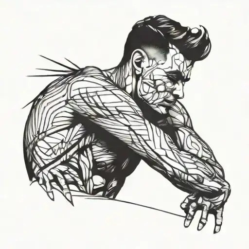 lines be messy make it a bit scrapy, tattoo should be a face, male, that has its head up. dark scary blackwork minimal tattoo design idea