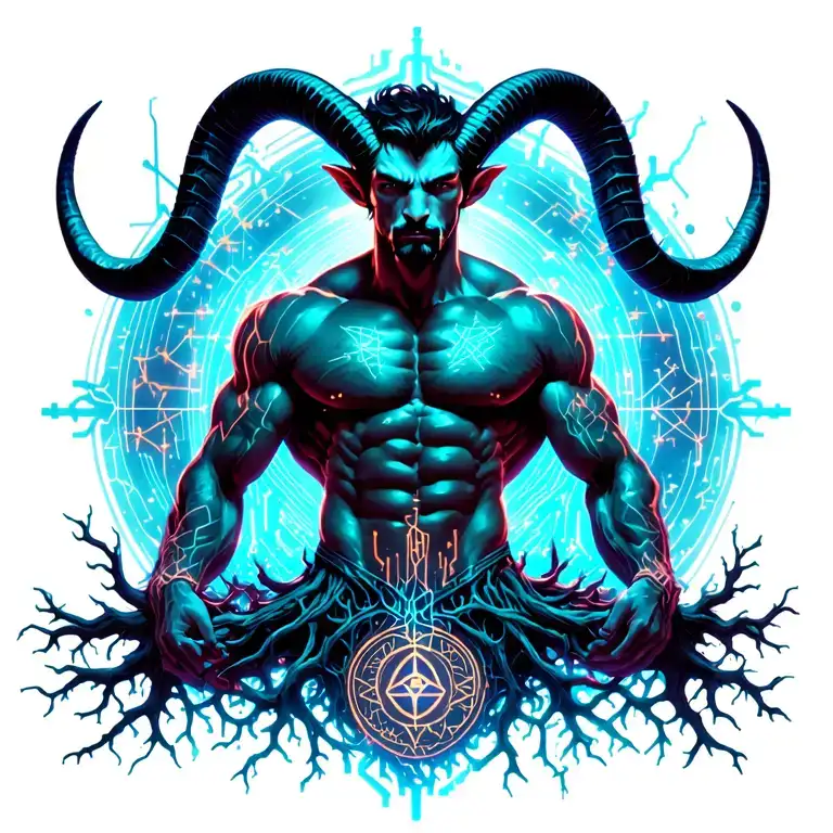 sexy gay male horned satyr with massive bodybuilder muscles. cyber tree roots, woodland animals and constellations tattoo design idea