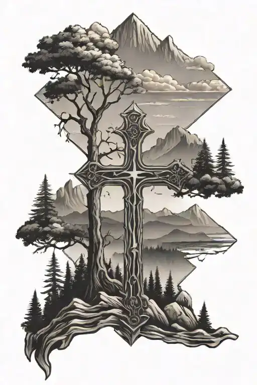 A christian cross with trees and mountains in the background  tattoo design idea