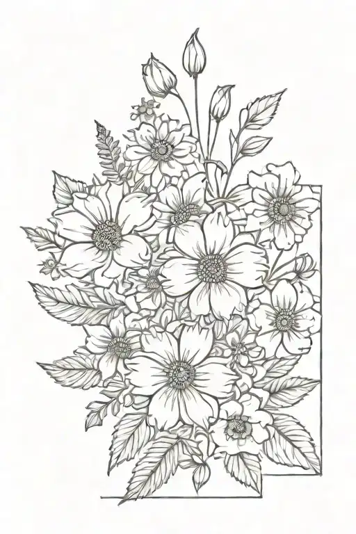A small dainty bouquet of flowers including the birth flowers: marigold, cosmo, daffodil, violet and rose tattoo design idea