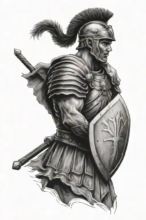 roman soldier holding battered shield staring realistic tattoo design idea