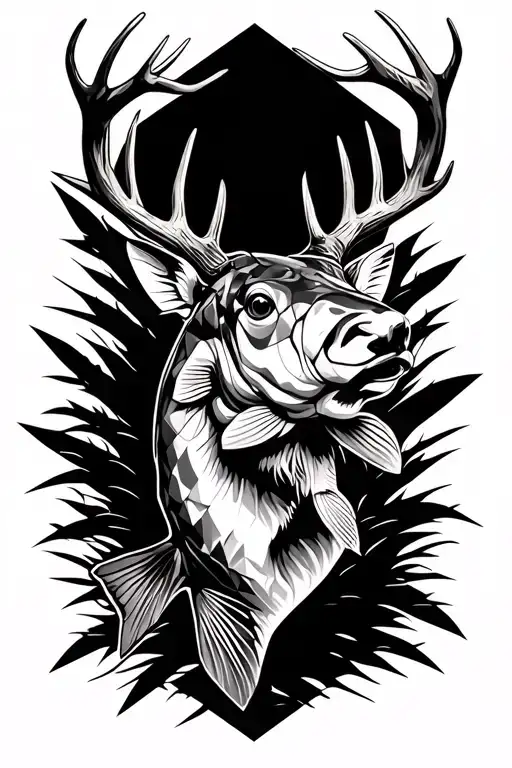 bass fish and deer antlers use of geometric shape tattoo design idea