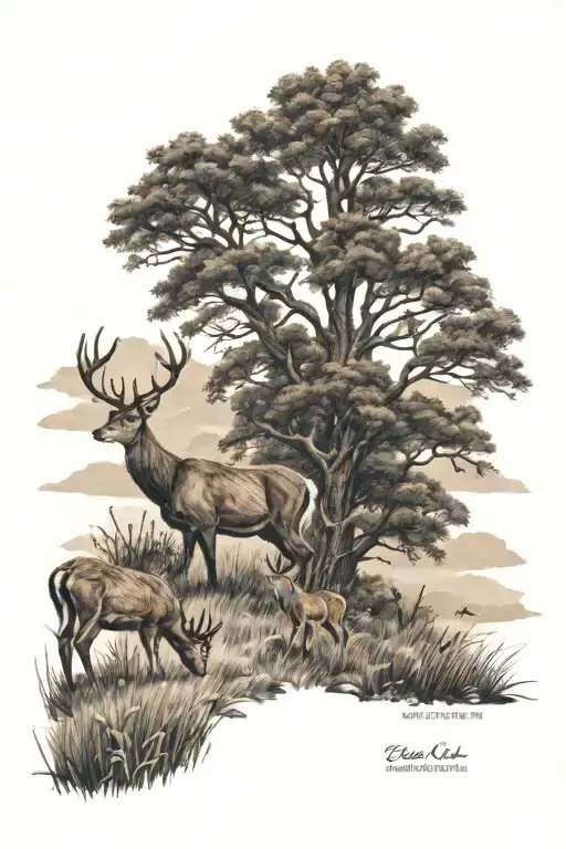 Field of deer with dad and two sons walking tattoo design idea