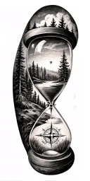 family and forest and hour glass and compass golf course tattoo design idea
