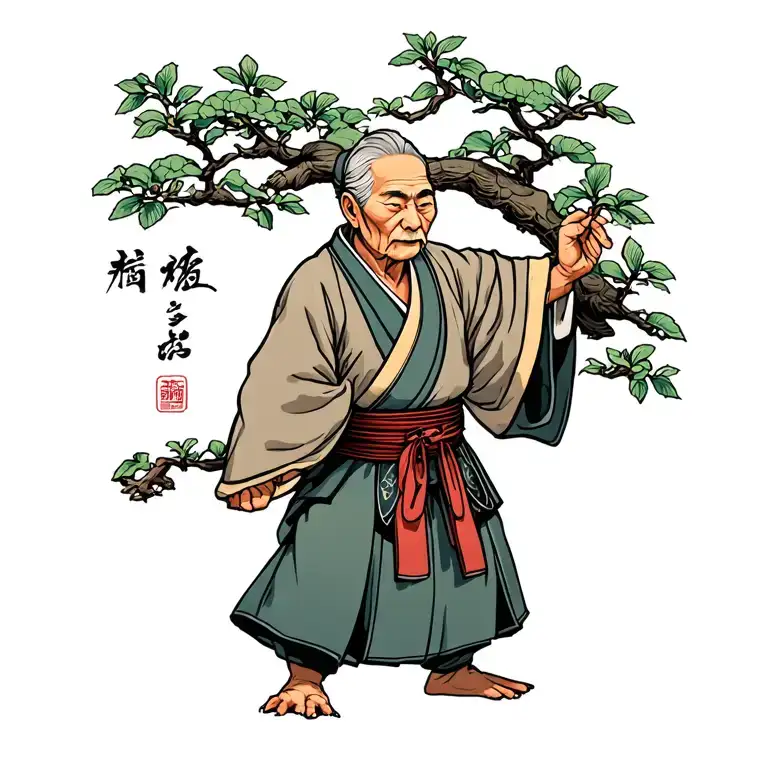 kind elderly tortoise kung fu master at peach tree scene tattoo design idea
