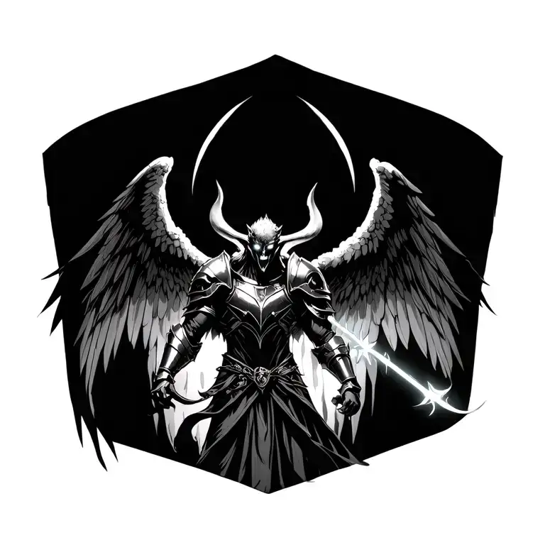 arch angel micheal with glowing eyes in armour slaying the devil  tattoo design idea