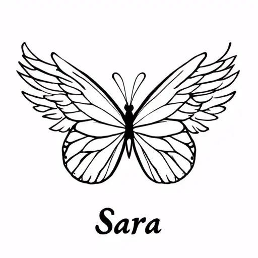 butterfly with one angel wing and one regular wing and the name Sara tattoo design idea