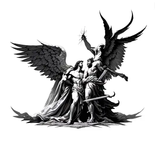 lucifer in battle on left facing archangel Michael on the right facing lucifer, and in the middle a seraph tattoo design idea