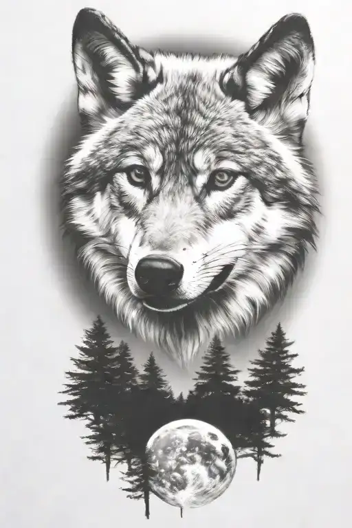 wolf cub, moon, forest, river, adult wolf head tattoo design idea