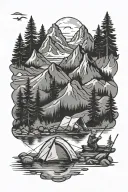 Camping and Fishing with Canadian Shield landscape. No mountains. Include tent and person fishing. tattoo design idea