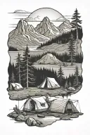 Camping and Fishing with Canadian Shield landscape. No mountains. Include tent and person fishing. tattoo design idea