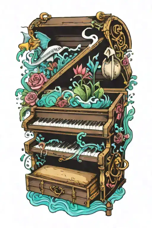 traditional style tattoos with a simple grand piano inside a treasure chest in an underwater environment  tattoo design idea