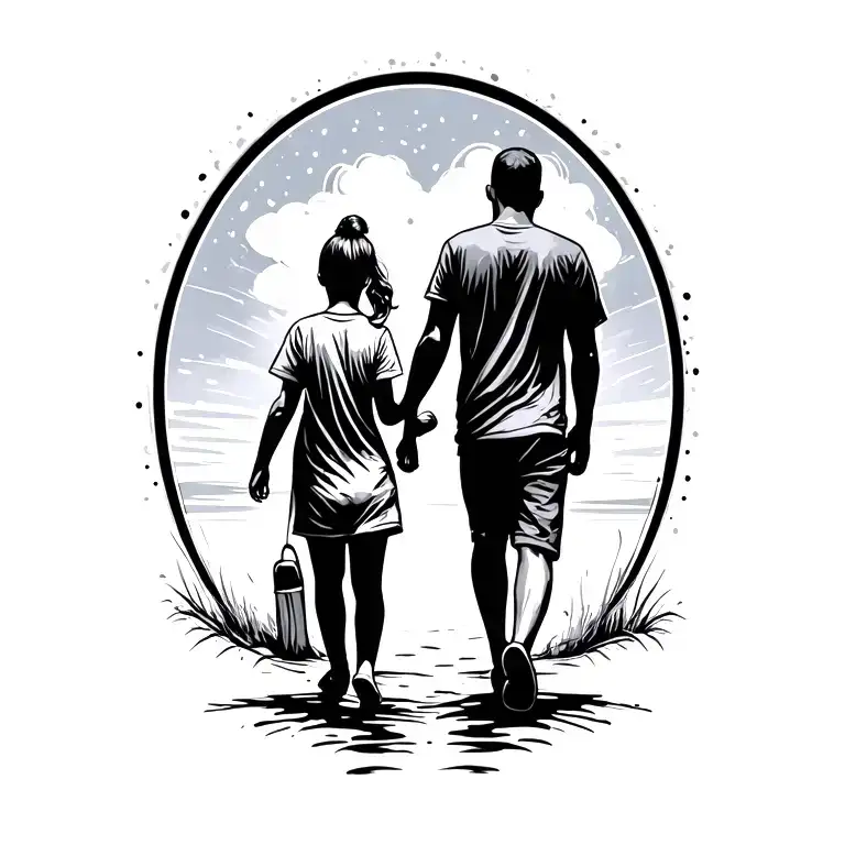 silhouette of dad, daughter, and son walking tattoo design idea