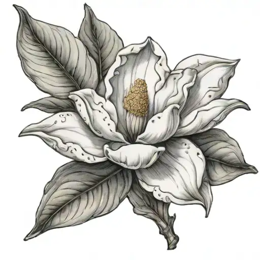 White mississippi Magnolia Flower with four leaves growing amidst tattoo design idea