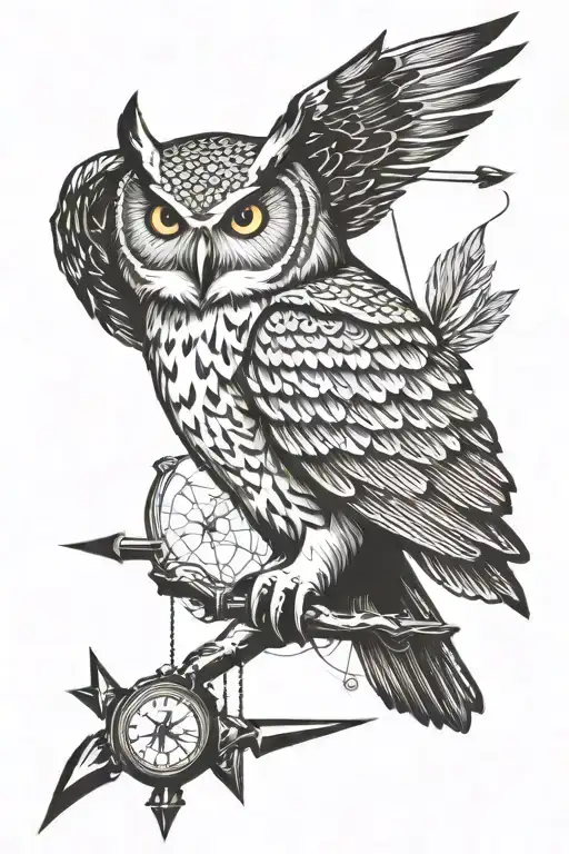 owl with compass and arrow tattoo design idea