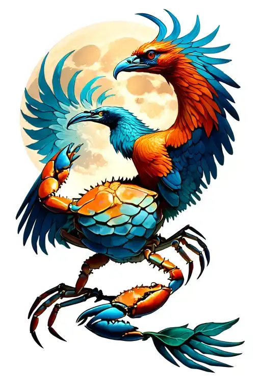 cancer crab in chest of phoenix bird with full moon behind phoenix tattoo design idea