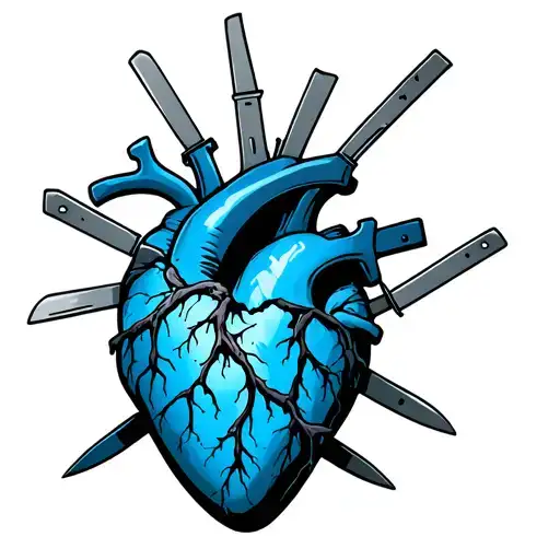 torn pale blue heart with grey veins with knives stabbed into it tattoo design idea