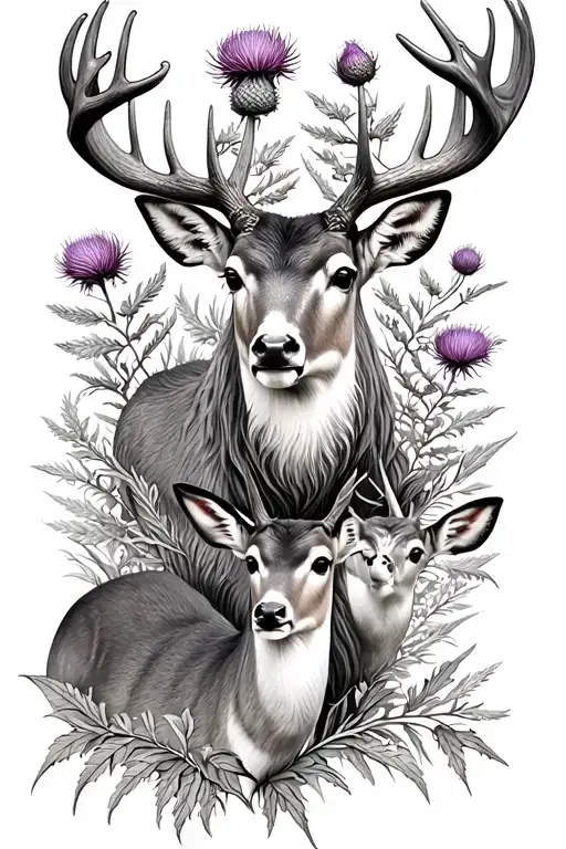 Large buck, with a young buck, a doe, and a young doe scottish thistle tattoo design idea