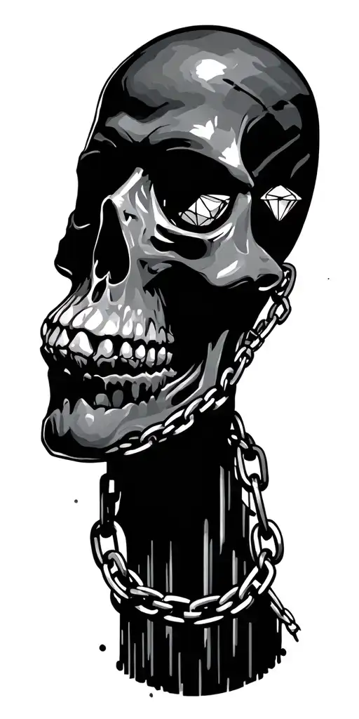 skull with diamond eyes and chains disc golf course landscape nature tattoo design idea