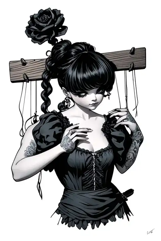 marinette doll being controlled by a hand holding a plank with strings  tattoo design idea