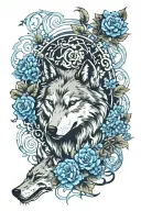 wolf with blue flowers, above the wolf is a deer whose antlers are decorated with ivy and a black raven sits tattoo design idea