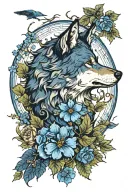 wolf with blue flowers, above the wolf is a deer whose antlers are decorated with ivy and a black raven sits tattoo design idea