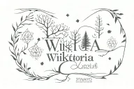 Name "WIKTORIA" and Date 21 12 2024 written in linguistic lovewind and sharp geometrical trees on the sides and behind  tattoo design idea