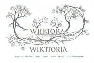 Name "WIKTORIA" and Date 21 12 2024 written in linguistic lovewind and sharp geometrical trees on the sides and behind  tattoo design idea