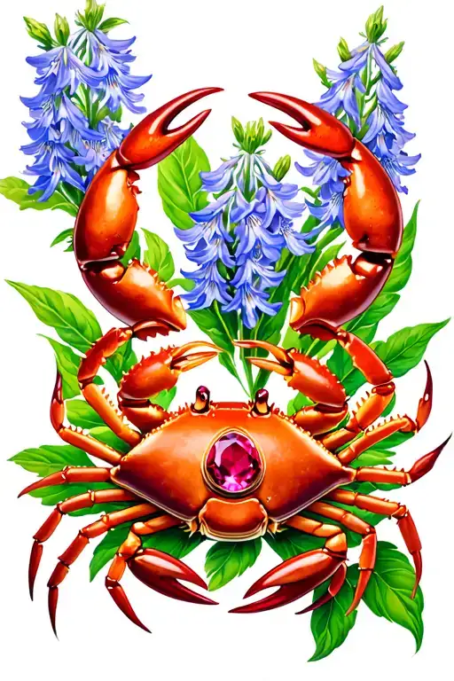 Cancer crab star sign with a ruby birth stone and a larkspur flower  tattoo design idea