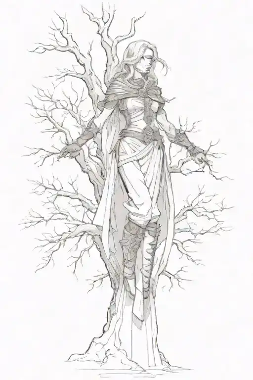 Malenia from the game ELDEN RING stands on a tree photo tattoo design idea