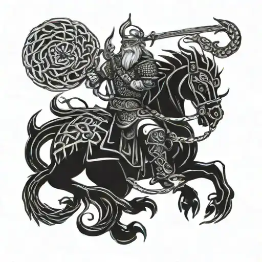 Viking warrior riding a Celtic knot dragon tattoo design idea