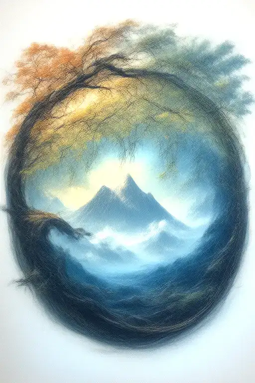 two spserate enso circles, one with a willow tree inside, and one with a mountain inside, japanese style tattoo design idea