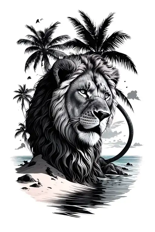 A decor with palm trees of water and sand, as well as a lion head, a watch to watch that time is composed tattoo design idea