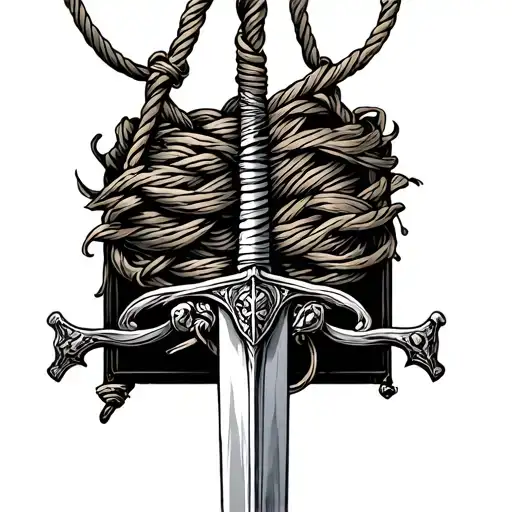 the sword of Damocles hanging from string mended tattoo design idea