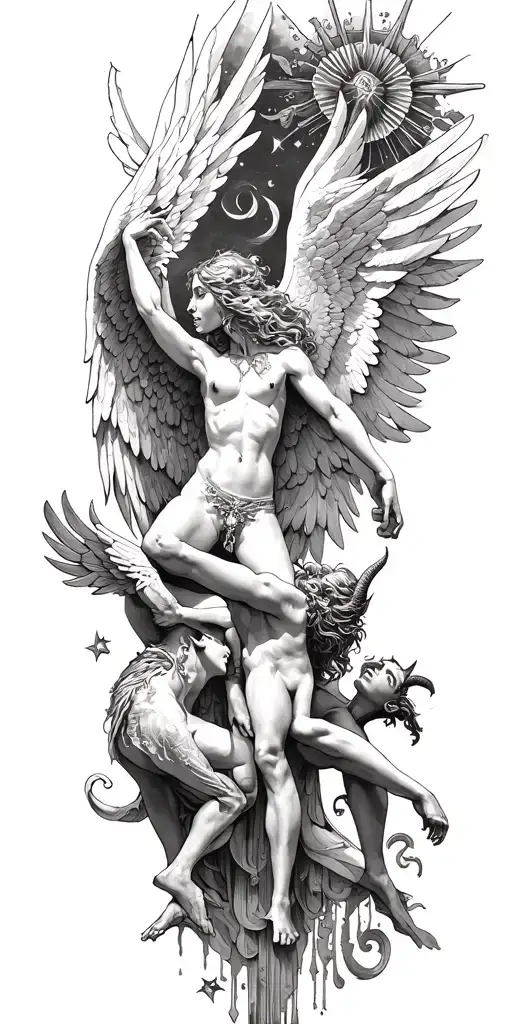 angels fighting devil sunshine cross tattoo design idea