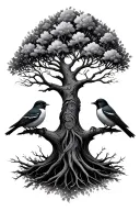 tree of life, 3 little birds, independent, strong female, Roland 4/13/20, Riley 11/27/21, Hazel 3/21/14 tattoo design idea