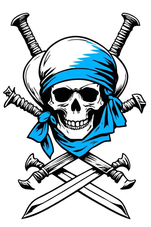 pirate skull with blue bandana with swords crossing behind it tattoo design idea